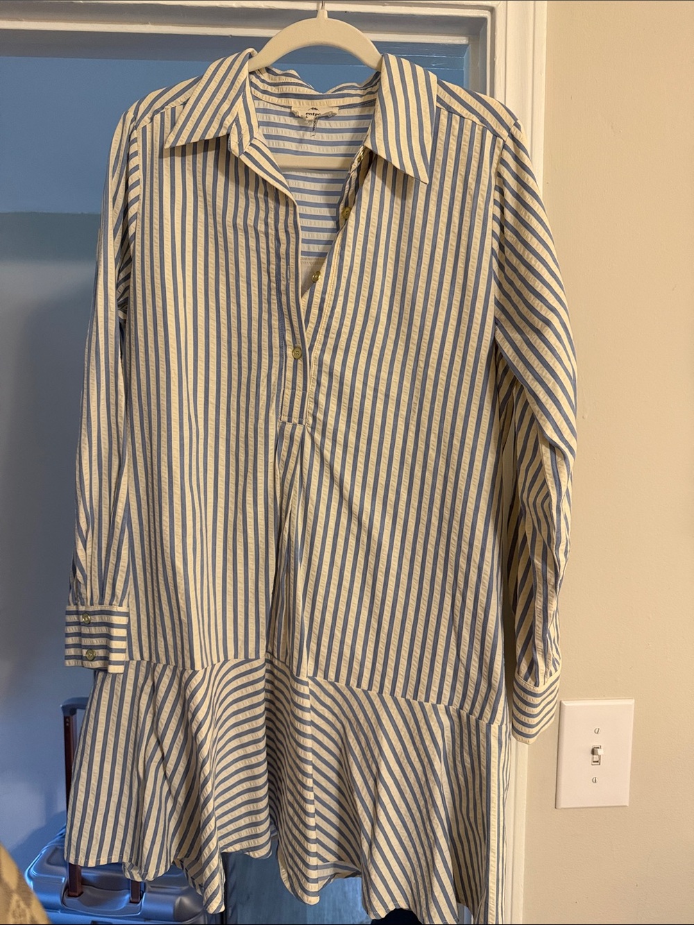 entro Blue and White Striped Long Sleeve Shirt Dress